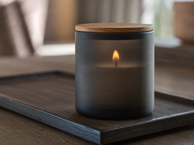 Matte Duftkerze im dickwandigen Glasgefäß mit Holzdeckel auf dunklem Holzbrett